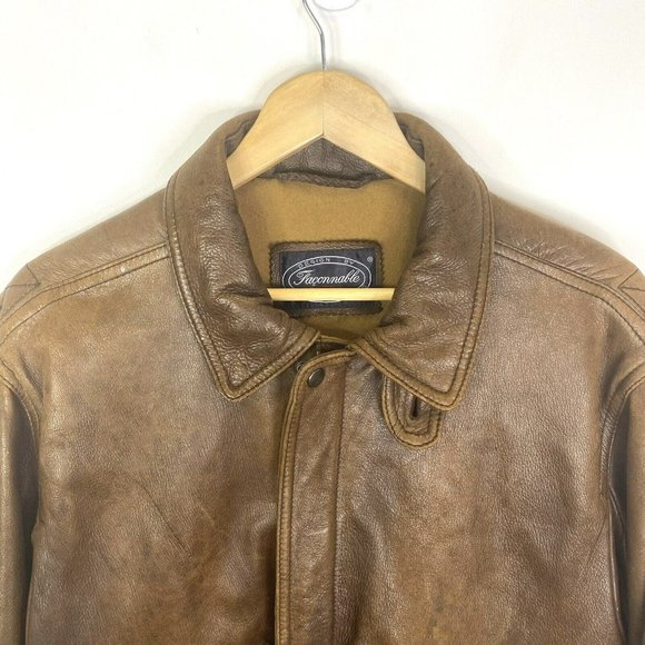 Faconnable Bomber Jacket Coat Mens Medium Leather Brown Vintage Retro Hipster - Picture 2 of 10